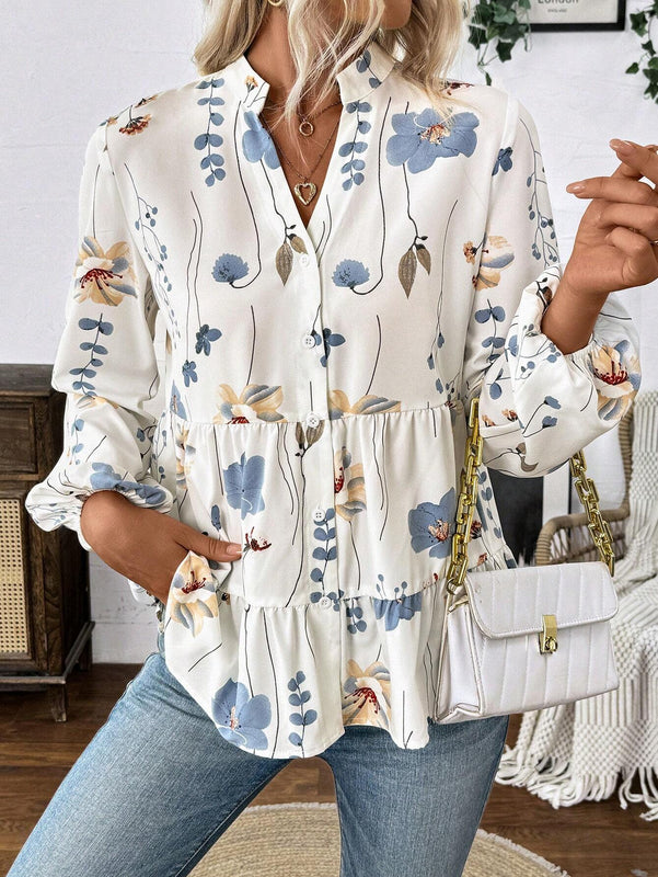 Camisa casual de manga larga para mujer, de botones sencillos y dobladillo con capas impresas