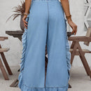 LUNE Pantalones acampanados informales de mezclilla lavada con dobladillo de volante