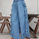 LUNE Pantalones acampanados informales de mezclilla lavada con dobladillo de volante
