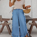 LUNE Pantalones acampanados informales de mezclilla lavada con dobladillo de volante