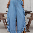 LUNE Pantalones acampanados informales de mezclilla lavada con dobladillo de volante