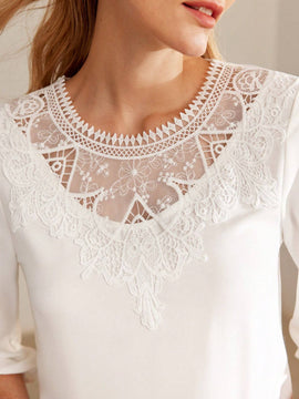 MOTF PREMIUM Blusa de manga globo con cordones y contraste de encaje