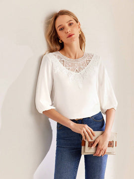 MOTF PREMIUM Blusa de manga globo con cordones y contraste de encaje