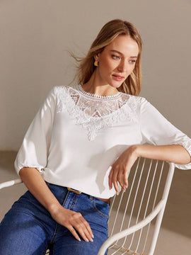 MOTF PREMIUM Blusa de manga globo con cordones y contraste de encaje