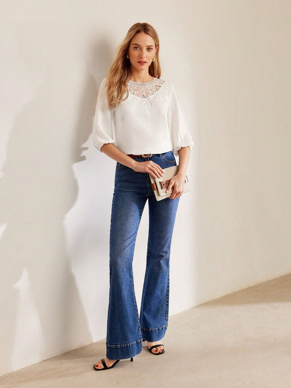 MOTF PREMIUM Blusa de manga globo con cordones y contraste de encaje