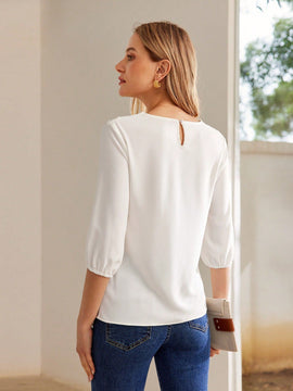 MOTF PREMIUM Blusa de manga globo con cordones y contraste de encaje