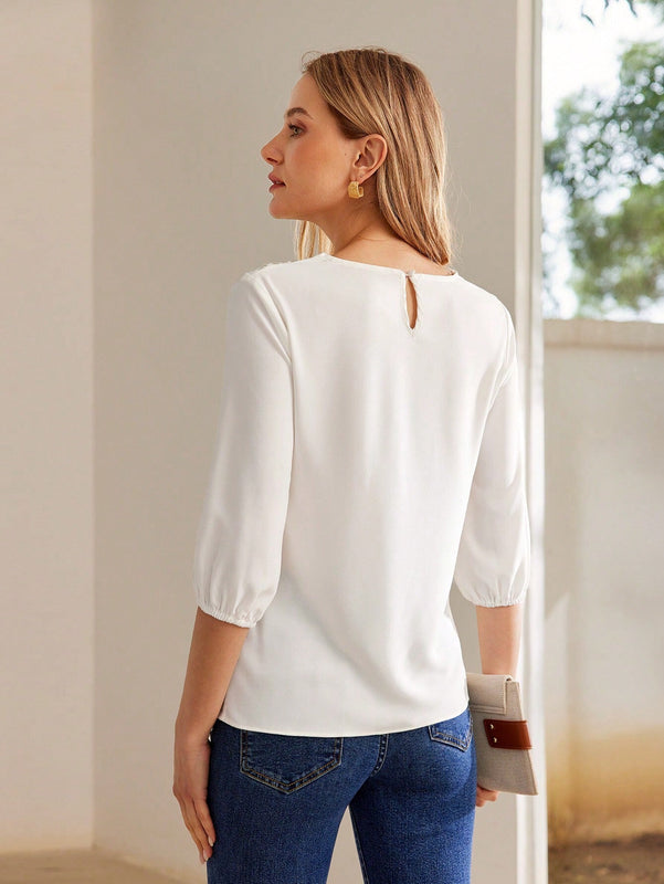 MOTF PREMIUM Blusa de manga globo con cordones y contraste de encaje
