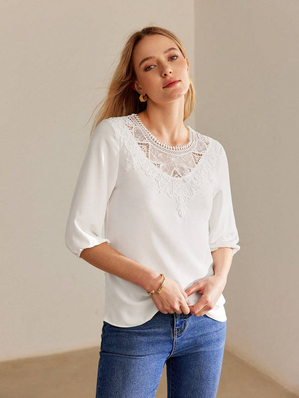 MOTF PREMIUM Blusa de manga globo con cordones y contraste de encaje
