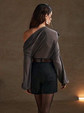 Anewsta Blusa de chiffon elegante y suave con hombros descubiertos, flores y pliegues en 3D para mujeres