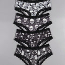 Dircho 4 piezas hipsters sexys y lindos para mujeres goticas con encaje contrastante, calzoncillos comodos y sedosos con estampado completo de calaveras negras, ojos, estrellas y hongos para halloween, ropa interior y lenceria para mujeres.