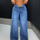 PETITE Jeans casuales de pierna recta suelta para mujer, diseno falso de dos piezas, azul