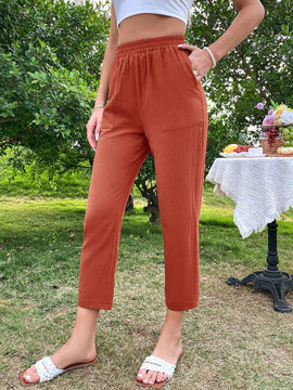 LUNE Pantalones conicos para mujer con cintura ajustable con cordon y bolsillos, pantalones casuales de vacaciones de verano hechos de algodon rastreable
