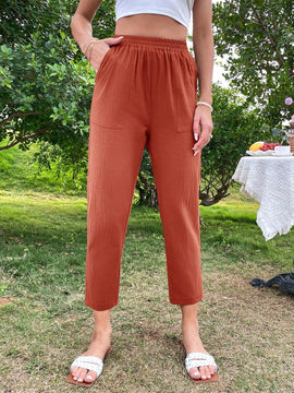 LUNE Pantalones conicos para mujer con cintura ajustable con cordon y bolsillos, pantalones casuales de vacaciones de verano hechos de algodon rastreable