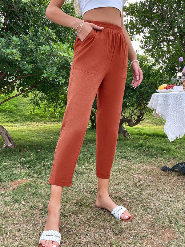 LUNE Pantalones conicos para mujer con cintura ajustable con cordon y bolsillos, pantalones casuales de vacaciones de verano hechos de algodon rastreable