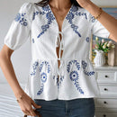 Camisa informal de manga abullonada con bordado de plantas para mujer, de verano