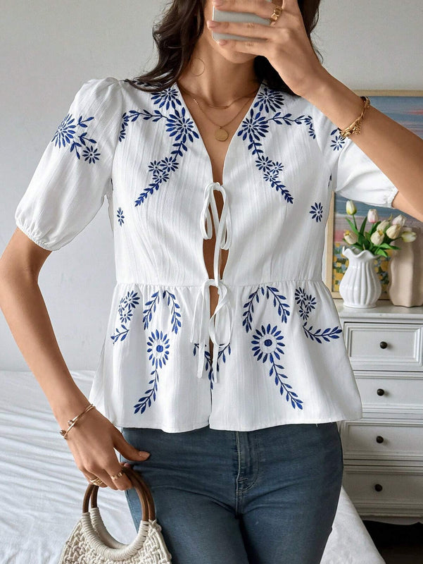 Camisa informal de manga abullonada con bordado de plantas para mujer, de verano