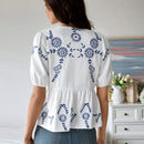 Camisa informal de manga abullonada con bordado de plantas para mujer, de verano