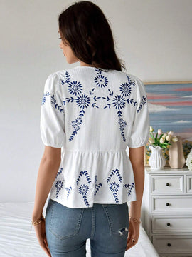 Camisa informal de manga abullonada con bordado de plantas para mujer, de verano