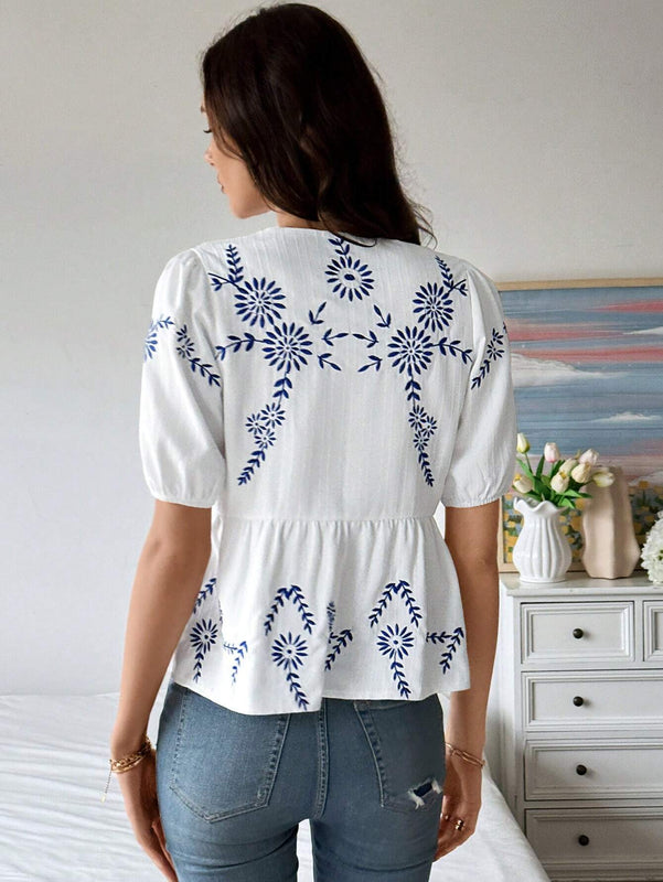 Camisa informal de manga abullonada con bordado de plantas para mujer, de verano