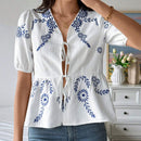 Camisa informal de manga abullonada con bordado de plantas para mujer, de verano
