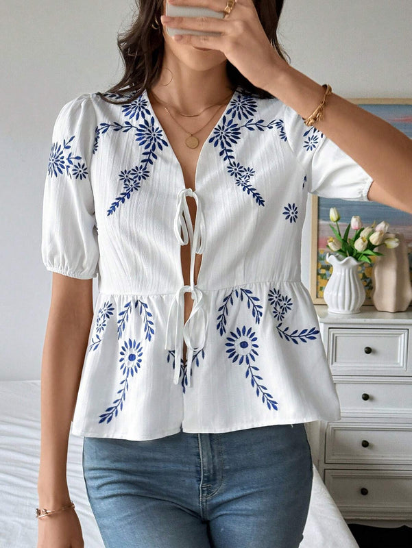 Camisa informal de manga abullonada con bordado de plantas para mujer, de verano