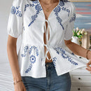 Camisa informal de manga abullonada con bordado de plantas para mujer, de verano