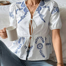 Camisa informal de manga abullonada con bordado de plantas para mujer, de verano