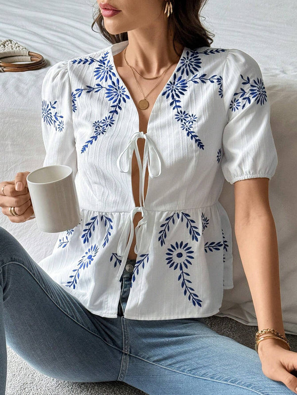 Camisa informal de manga abullonada con bordado de plantas para mujer, de verano