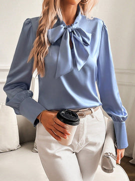 Camisa elegante para primavera/verano de mangas de globo con cinta de cuello de unicolor para mujer