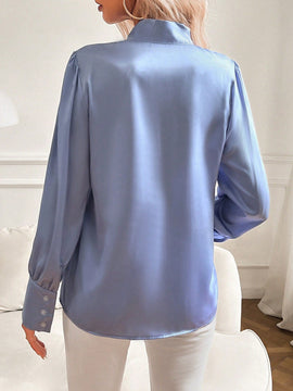 Camisa elegante para primavera/verano de mangas de globo con cinta de cuello de unicolor para mujer