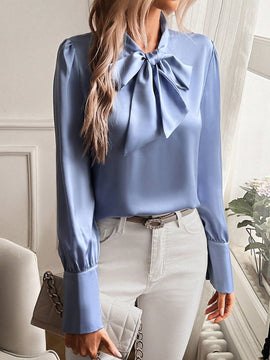 Camisa elegante para primavera/verano de mangas de globo con cinta de cuello de unicolor para mujer