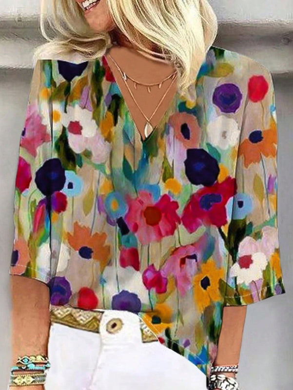 Camisa casual con estampado de flores para mujer (impresion no posicional)