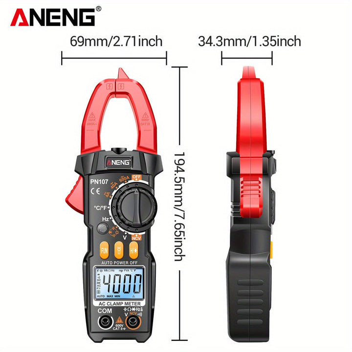 Medidor de pinza digital ANENG PN107+VC1010, probador de voltaje de amperios AC 600A, amperímetro con detección NCV, medición de frecuencia de temperatura y diodo - Batería no incluida