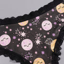 Dircho 4 piezas de sensuales y lindas pantaletas goticas para mujer con encaje contrastante, estampado con calaveras, gatos, murcielagos, estrellas y letras goticas en negro y rosa, comoda y suave ropa interior de seda para damas