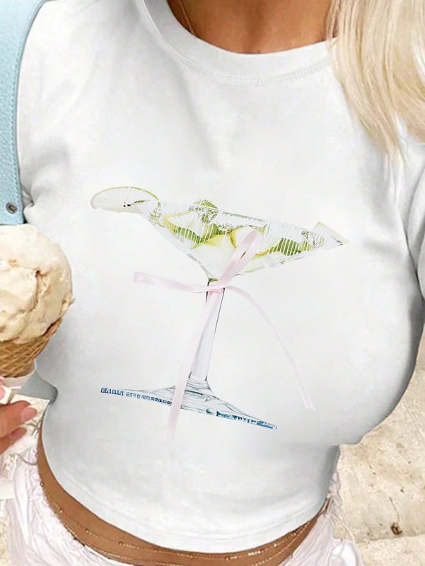 Camiseta corta de verano estampada ajustada de manga corta para mujer