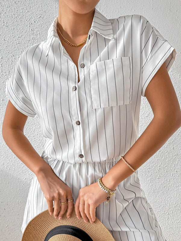 Essnce Camisa de mujer de manga corta sencilla para uso diario con estampado de patron lineal