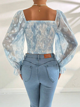 Camisa de manga larga con cuello en forma de corazon con gradiente de impresion para el Dia de San Valentin
