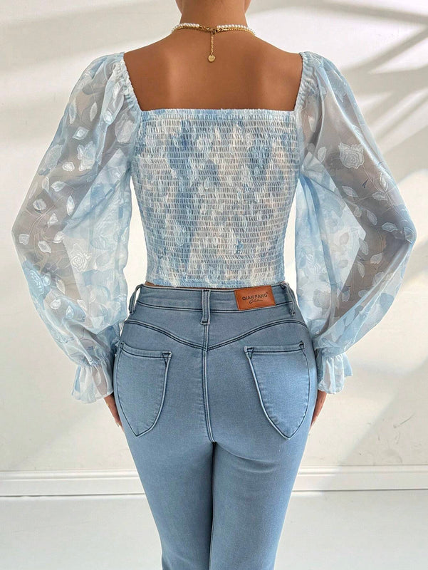 Camisa de manga larga con cuello en forma de corazon con gradiente de impresion para el Dia de San Valentin