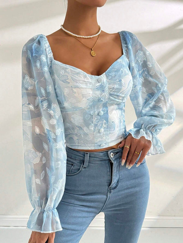 Camisa de manga larga con cuello en forma de corazon con gradiente de impresion para el Dia de San Valentin