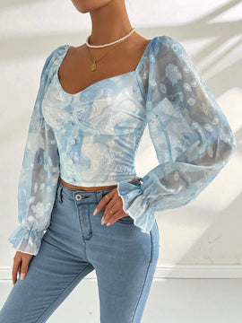 Camisa de manga larga con cuello en forma de corazon con gradiente de impresion para el Dia de San Valentin