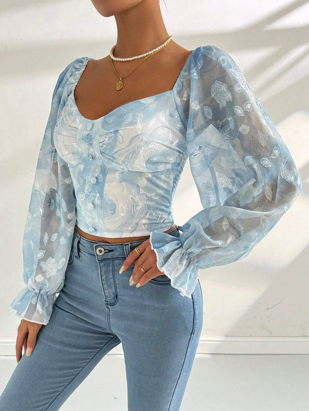 Camisa de manga larga con cuello en forma de corazon con gradiente de impresion para el Dia de San Valentin