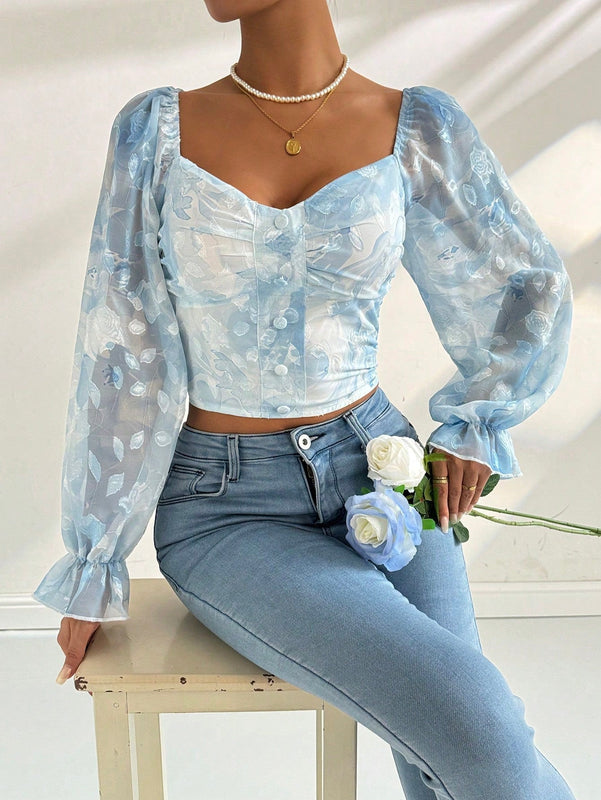 Camisa de manga larga con cuello en forma de corazon con gradiente de impresion para el Dia de San Valentin