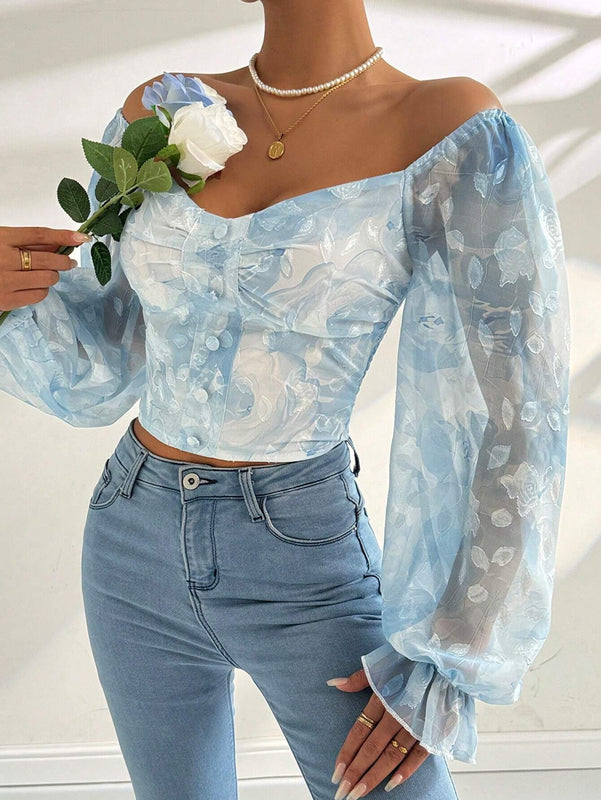 Camisa de manga larga con cuello en forma de corazon con gradiente de impresion para el Dia de San Valentin
