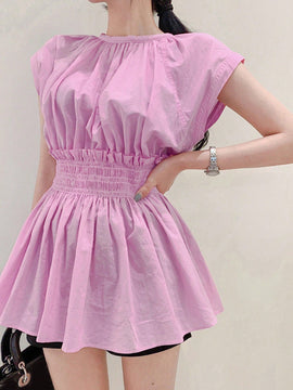 DAZY Camisa femenina con mangas anchas con alas, cintura fruncida y pliegues, ideal para verano