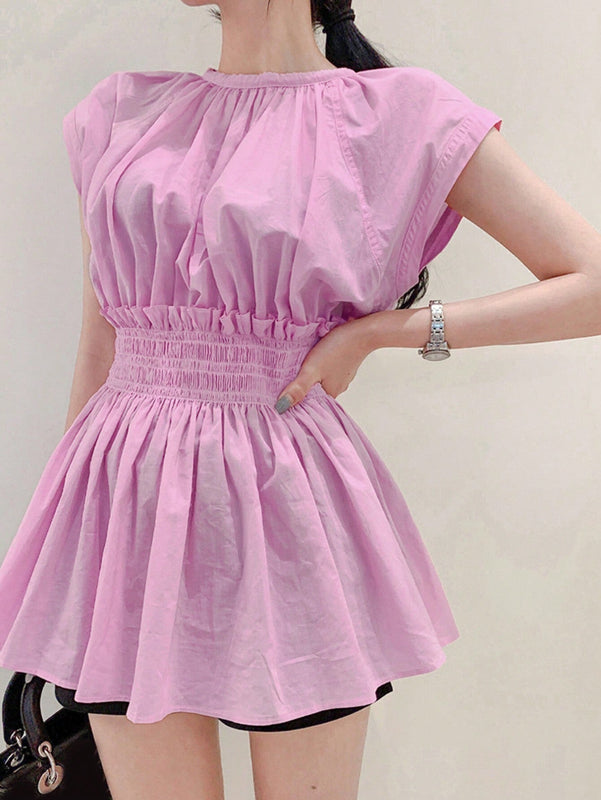 DAZY Camisa femenina con mangas anchas con alas, cintura fruncida y pliegues, ideal para verano