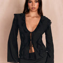 Blusa con manga acampanada, cuello con volantes y lazada en el frente, para salir, parte superior otonal, blusas bonitas para mujer de manga larga, regreso a la escuela, salida, atuendos otonales, camisas otonales