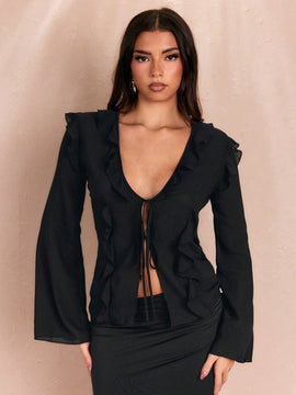 Blusa con manga acampanada, cuello con volantes y lazada en el frente, para salir, parte superior otonal, blusas bonitas para mujer de manga larga, regreso a la escuela, salida, atuendos otonales, camisas otonales