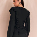Blusa con manga acampanada, cuello con volantes y lazada en el frente, para salir, parte superior otonal, blusas bonitas para mujer de manga larga, regreso a la escuela, salida, atuendos otonales, camisas otonales
