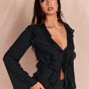 Blusa con manga acampanada, cuello con volantes y lazada en el frente, para salir, parte superior otonal, blusas bonitas para mujer de manga larga, regreso a la escuela, salida, atuendos otonales, camisas otonales