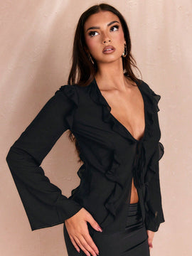 Blusa con manga acampanada, cuello con volantes y lazada en el frente, para salir, parte superior otonal, blusas bonitas para mujer de manga larga, regreso a la escuela, salida, atuendos otonales, camisas otonales
